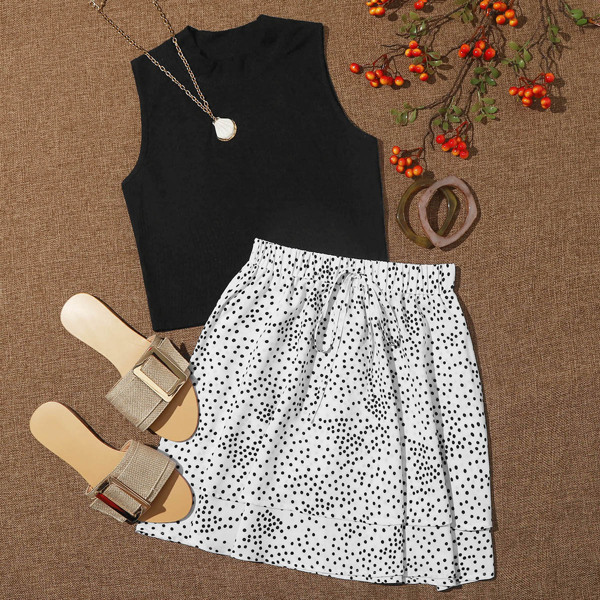 

Ribbed Tank Top & Polka Dot Knot Detail Skirt, Black and white