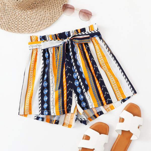 

Tribal Striped Belted Paper Bag Waist Shorts, Multicolor