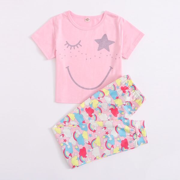 

Girls Star Print Cartoon Graphic PJ Set, Multicolor