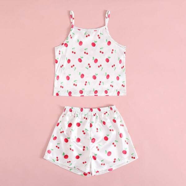 

Toddler Girls Cherry Print Cami Satin PJ Set, White
