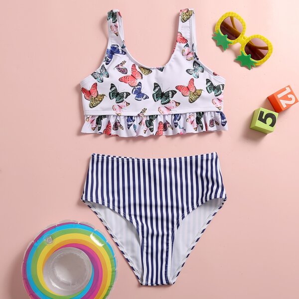 

Girls Butterfly & Stripe Print Bikini Swimsuit, Multicolor