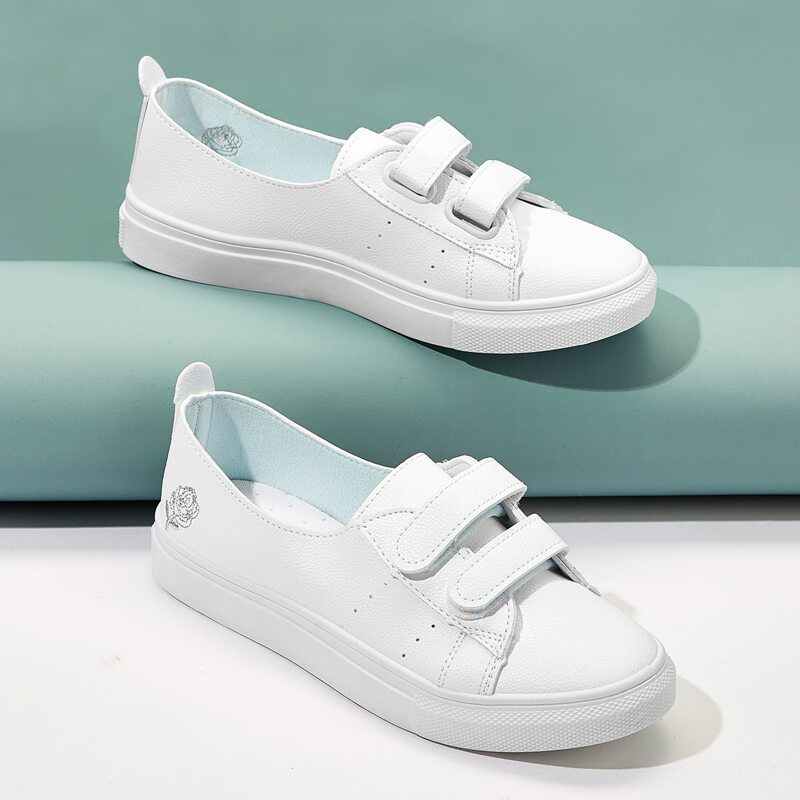

Rose Embroidery Velcro Strap Sneakers, White