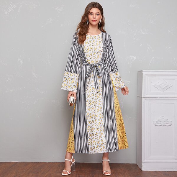 

Self Belted Colorblock Floral and Striped Dress, Multicolor