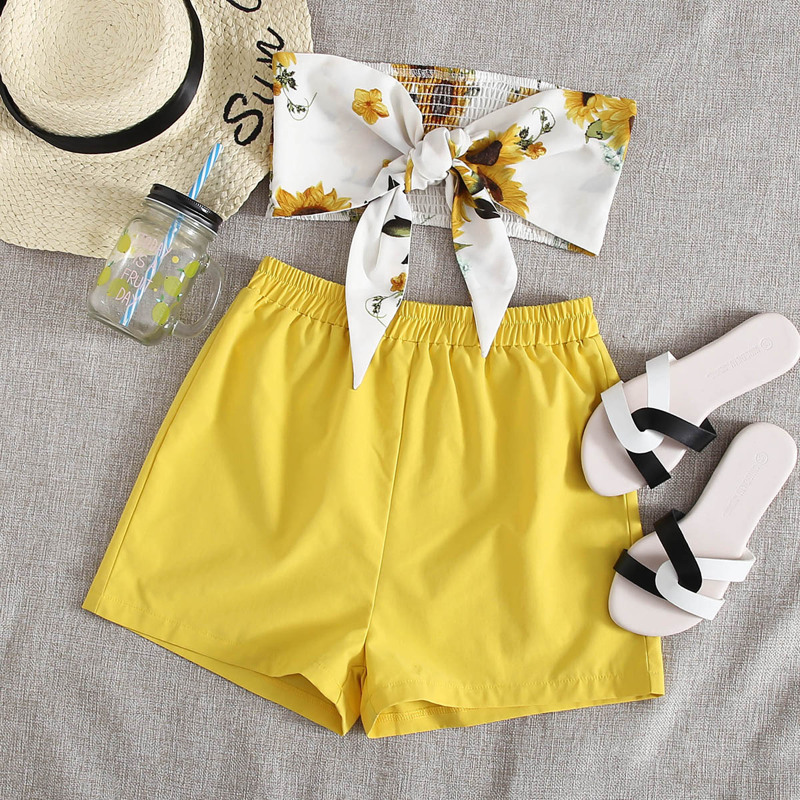 

Sunflower Print Tie Front Tube Top & Shorts, Multicolor