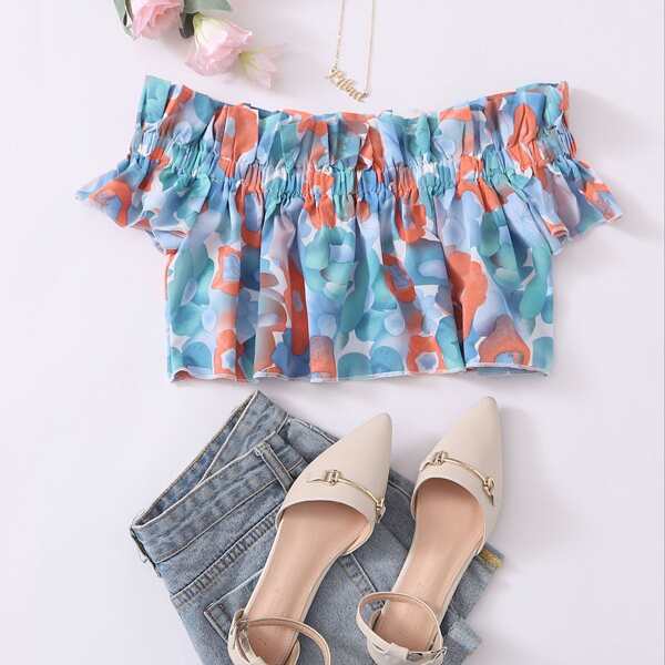 

Ruffle Trim Floral Crop Top, Multicolor