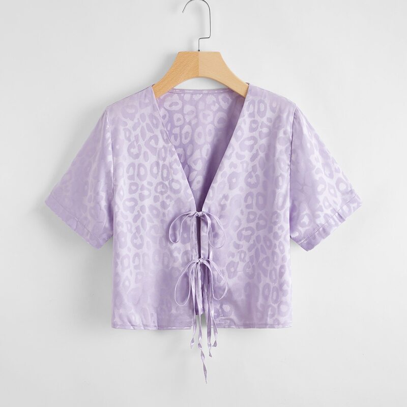 

Leopard Print Tie Front Top, Lilac purple