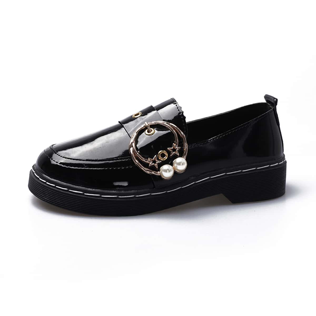 

Faux Pearl Buckle Wide Fit Loafers, Black