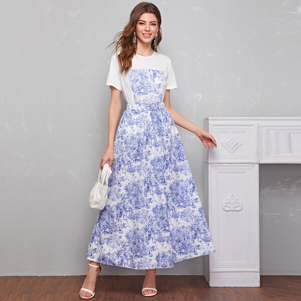 

Round Neck Top & Landscape Print Skirt Set, Multicolor