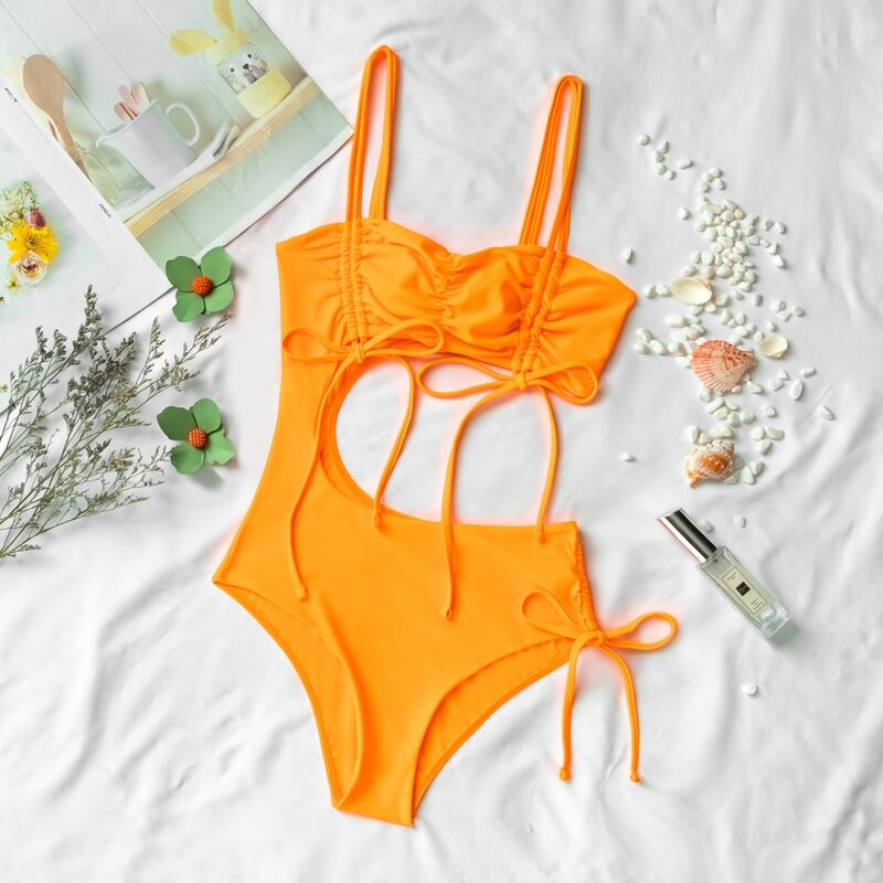

Cut-out Drawstring One Piece Swimsuit, Orange bright