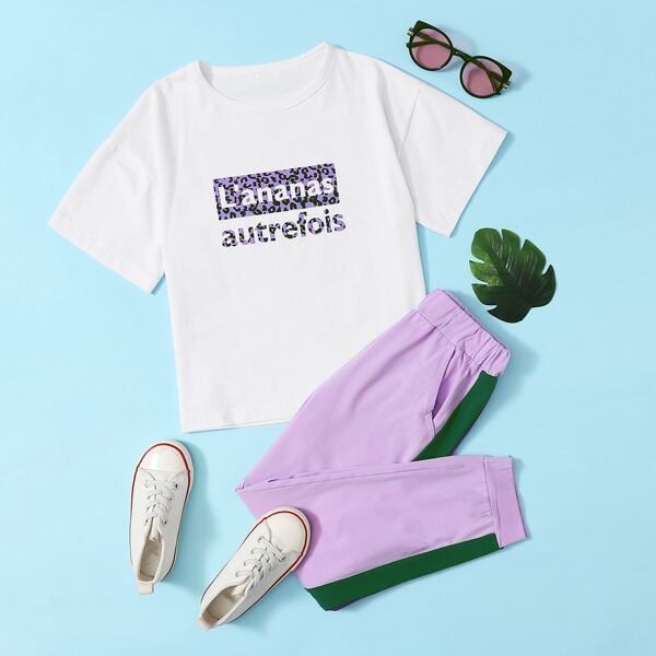 

Girls Letter Graphic Tee & Colorblock Pants, Multicolor