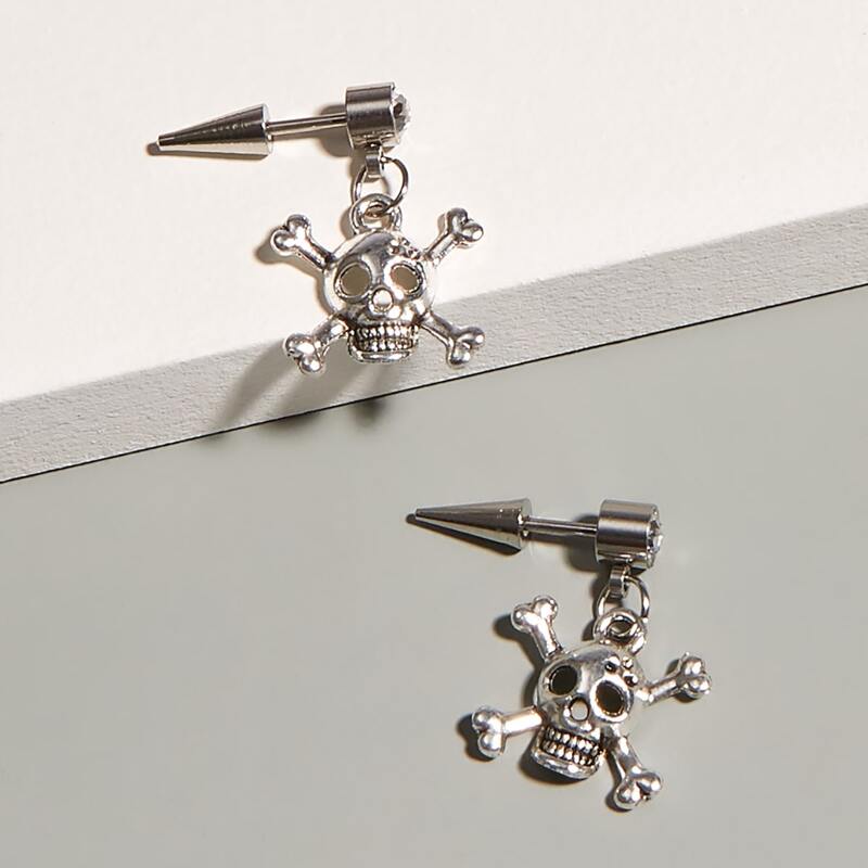 

Guys Skull Charm Drop Earrings, Silver