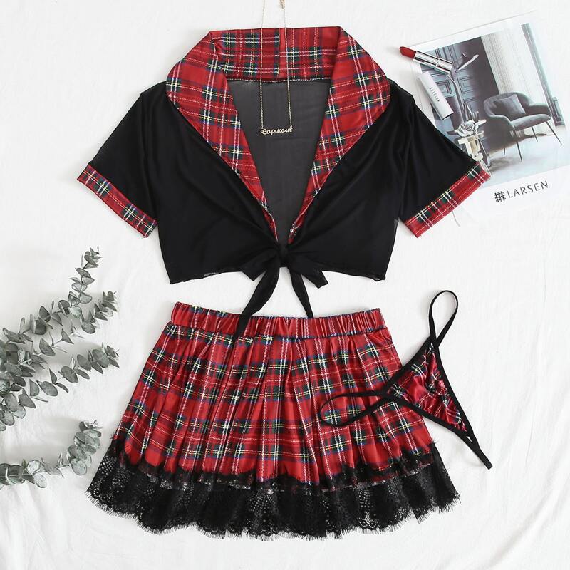 

3pack Tartan Uniform Sexy Set With Thong, Multicolor