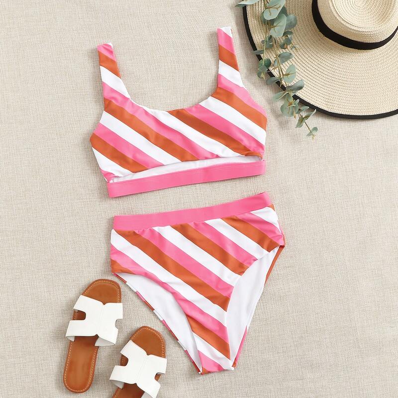 

High Waisted Cutout Striped Bikini Swimsuit, Multicolor