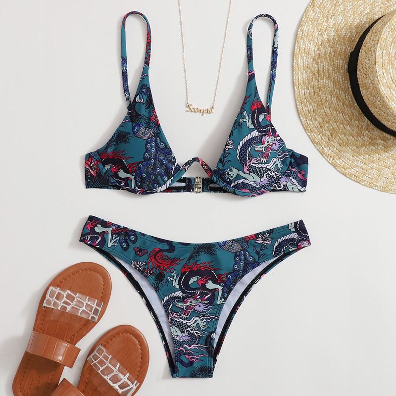 

Dragon Print Underwired Bikini Swimsuit, Teal blue