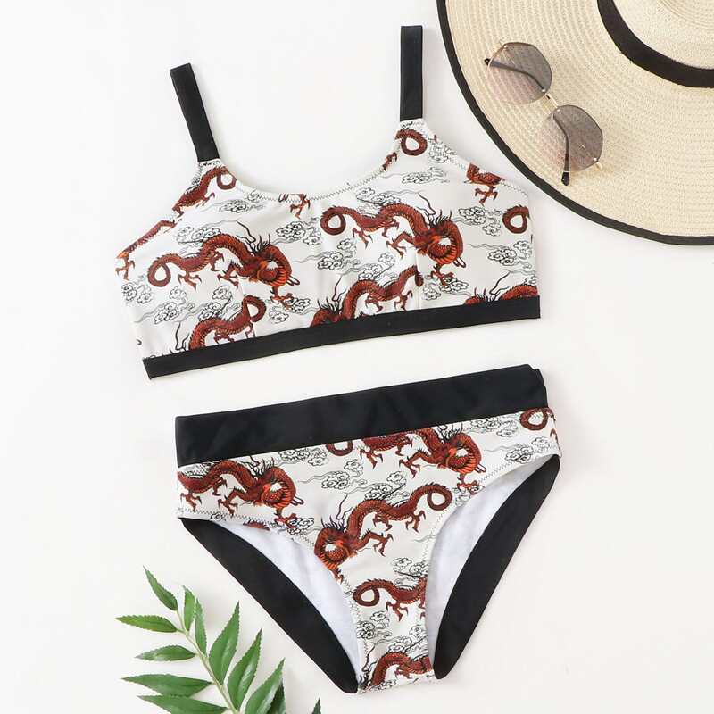 

Contrast Trim Dragon Print Bikini Swimsuit, White