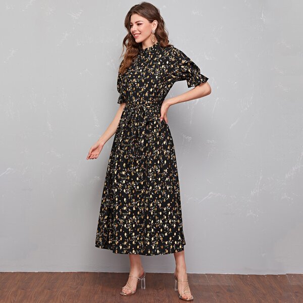 

Frill Neck Self Belted Gold Dot and Ditsy Floral Dress, Black