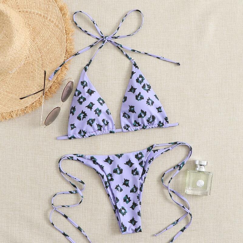 

Tie Side Triangle Graphic Bikini Swimsuit, Lilac purple