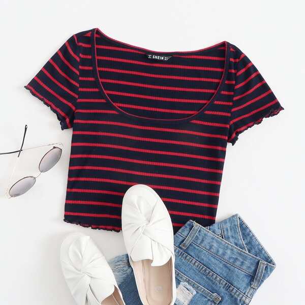 

Scoop Neck Lettuce Trim Striped Top, Multicolor