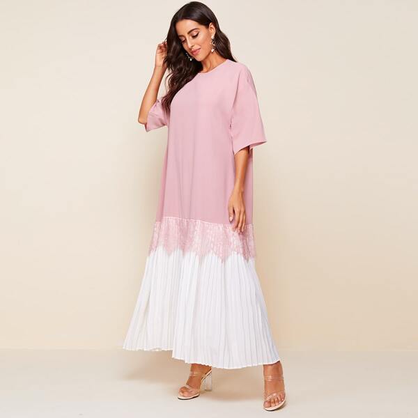 

Two Tone Lace Trim Pleated Hem Dress, Baby pink