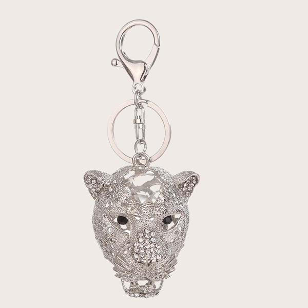 

Rhinestone Engraved Leopard Charm Keychain, Silver