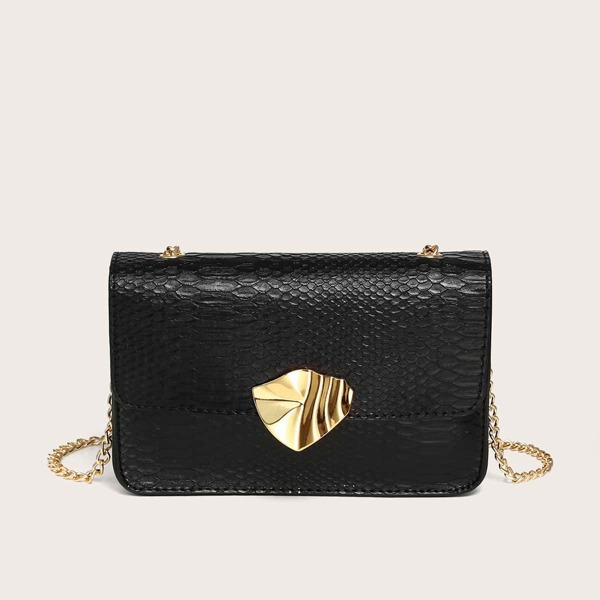 

Snakeskin Embossed Chain Crossbody Bag, Black