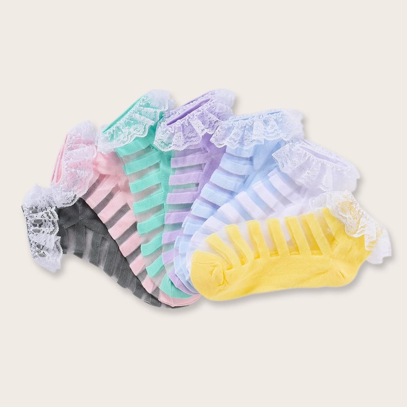 

5pairs Lace Trim Mesh Socks, Multicolor