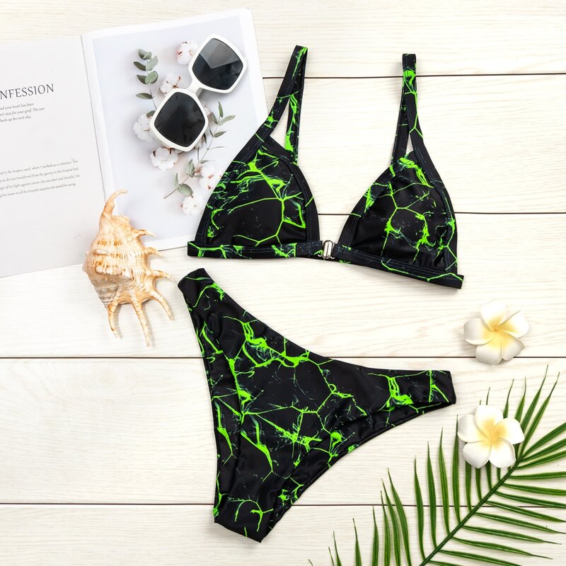 

Marble Print Triangle Bikini Swimsuit, Multicolor