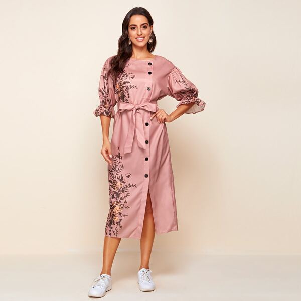 

Flounce Sleeve Single Breasted Self Belted Floral Dress, Dusty pink