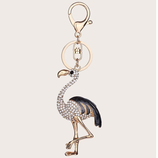 

Rhinestone Engraved Flamingos Charm Keychain, Black