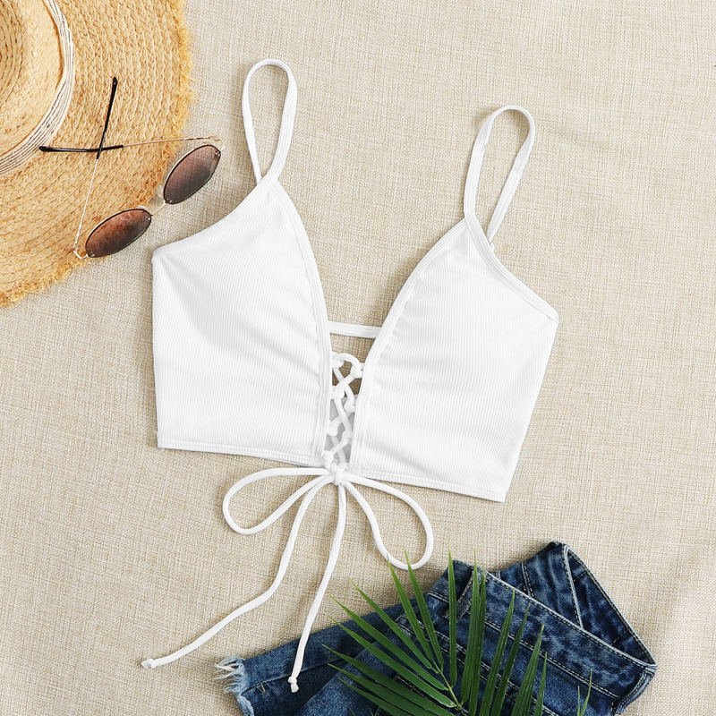 

Lace-up Ribbed Cami Bikini Top, White