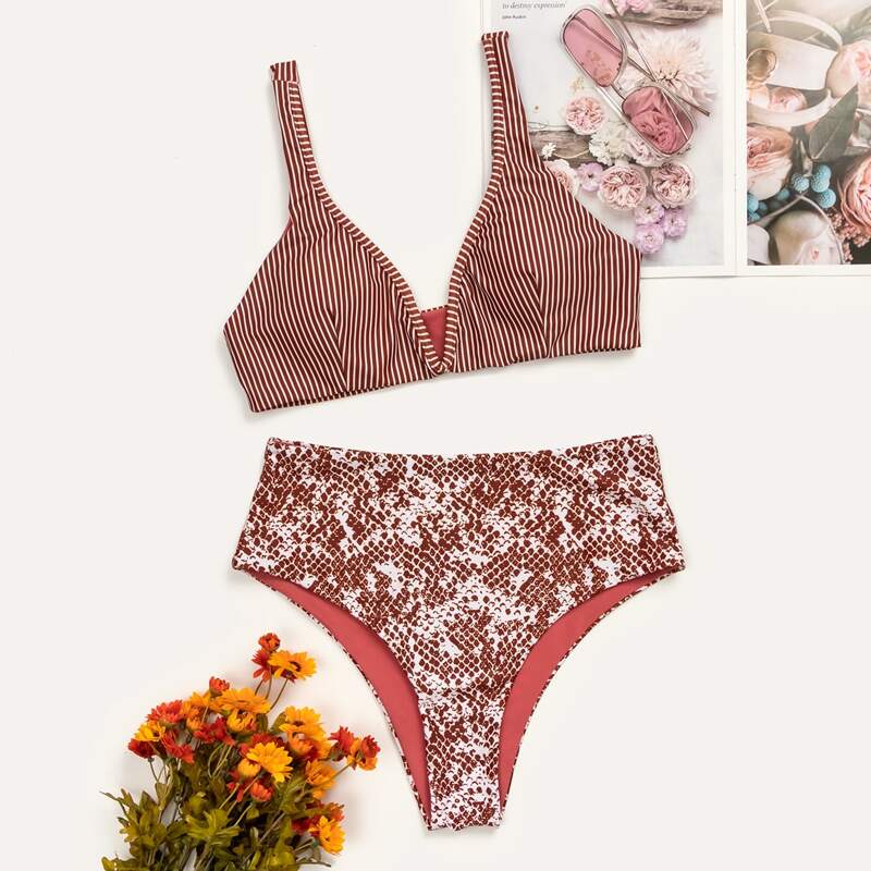 

Striped & Snakeskin V Wired Bikini Swimsuit, Redwood