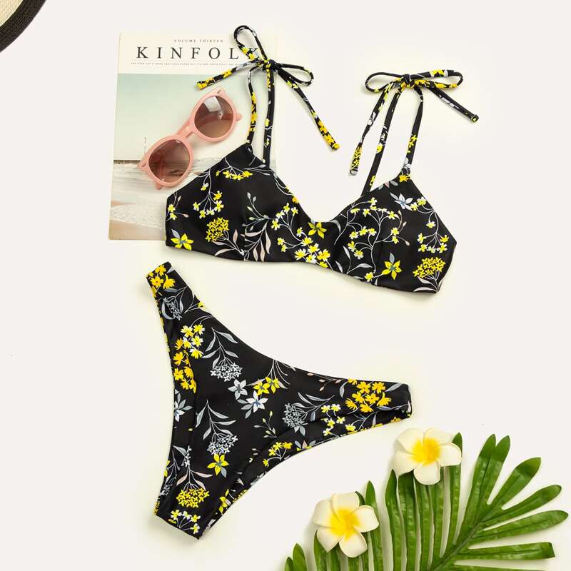Floral Tie Shoulder Bikini Swimsuit, Black
