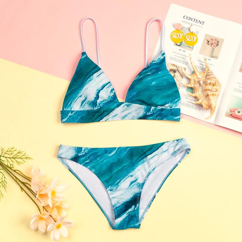 

Marble Print Triangle Bikini Swimsuit, Green