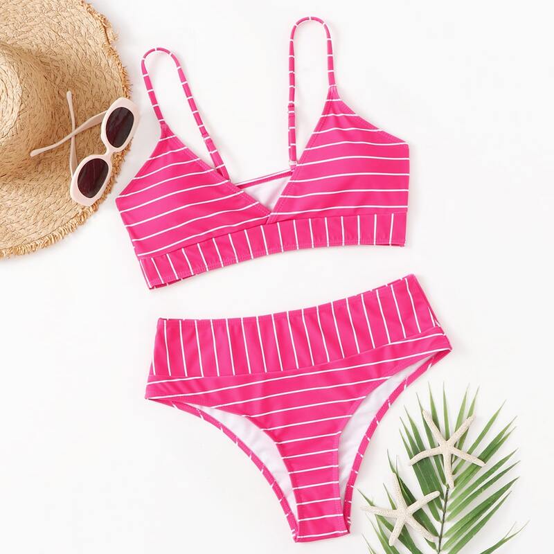 

Striped Cami Bikini Swimsuit, Hot pink