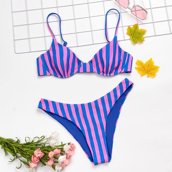 

Striped Print Underwire Bikini Swimsuit, Multicolor