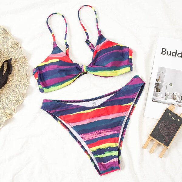 

Colorful Striped Print Knot Bikini Swimsuit, Multicolor