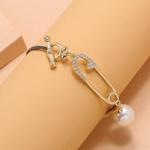 

Faux Pearl Geometric Decor Bracelet, Gold