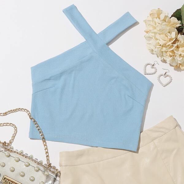 

Crisscross Rib-knit Halter Top, Pastel baby blue