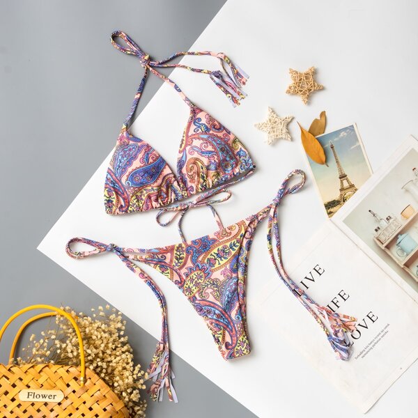 

Tribal Triangle Tie Side Bikini Swimsuit, Multicolor