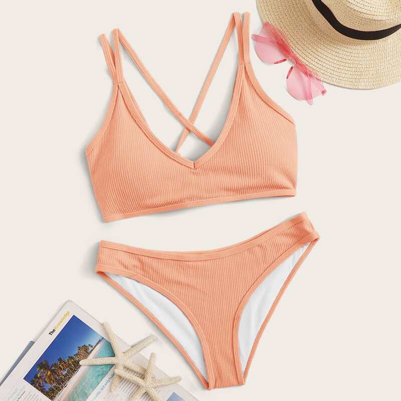 

Lace-up Back Ribbed Bikini Swimsuit, Orange