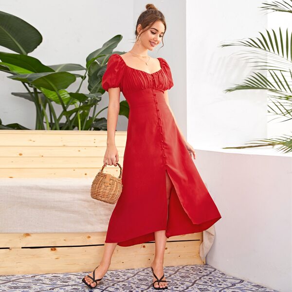 

Ruched Bust Button Front Milkmaid Dress, Red