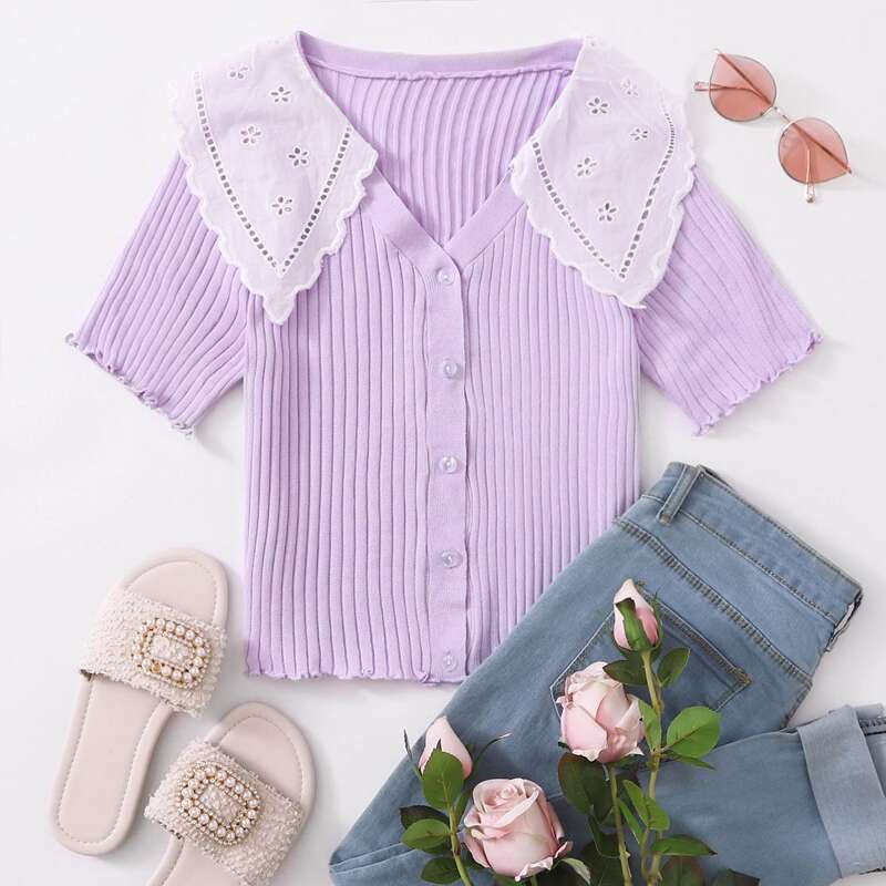 

Eyelet Embroidery Ribbed-knit Cardigan, Lilac purple