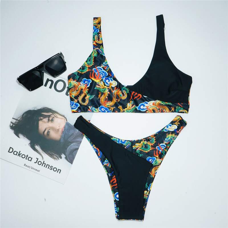 

Chinese Dragon Print High Cut Bikini Swimsuit, Multicolor