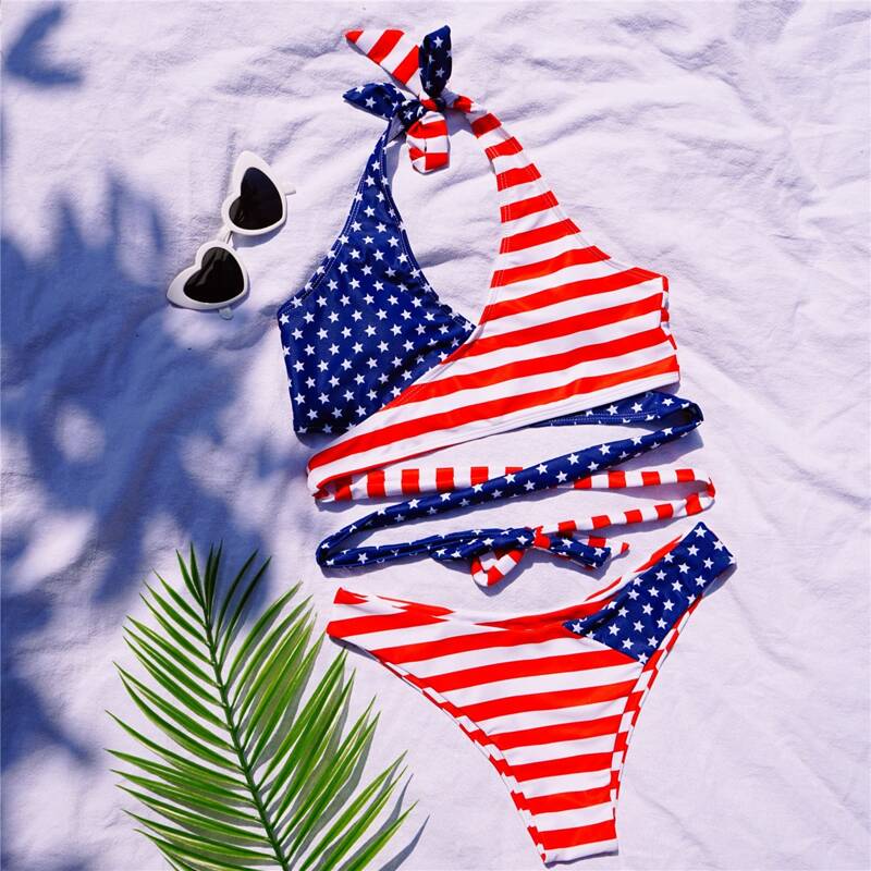 

American Flag Halter Bikini Swimsuit, Multicolor