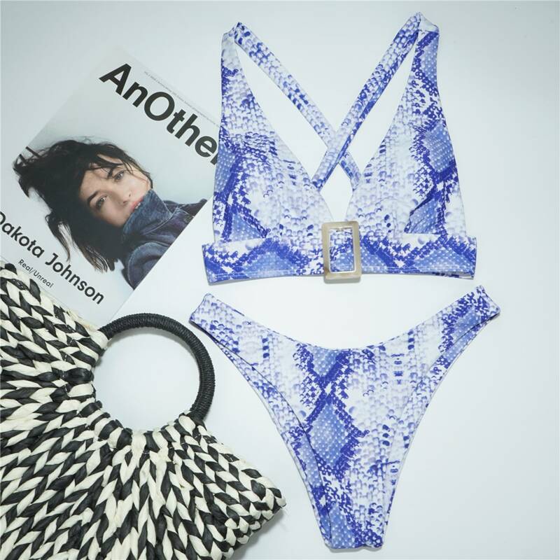 

Snakeskin Print High Cut Bikini Swimsuit, Baby blue