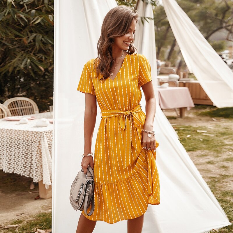 

Striped Ruffle Hem Belted Dress, Yellow