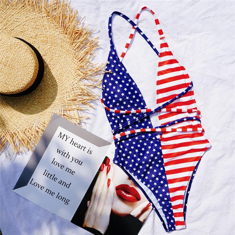 

American Flag Print Plunging One-Piece Swimsuit, Multicolor