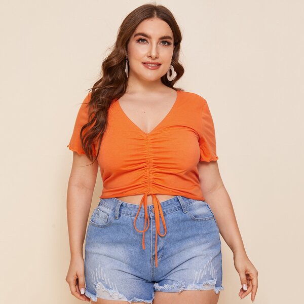 

Plus Lettuce Trim Drawstring Knot Front Top, Bright orange