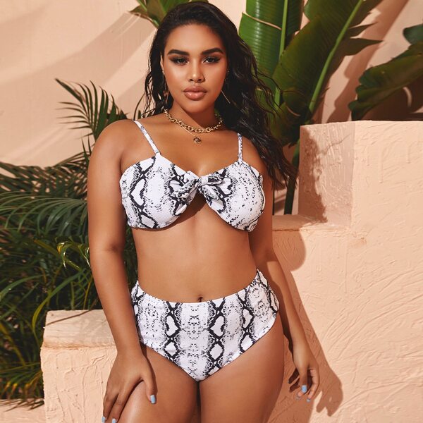 

Plus Snakeskin Knot Front Bikini Swimsuit, Multicolor