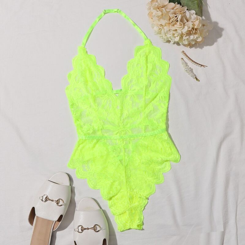 

Neon Lime Floral Lace Scallop Trim Teddy Bodysuit, Neon lime green